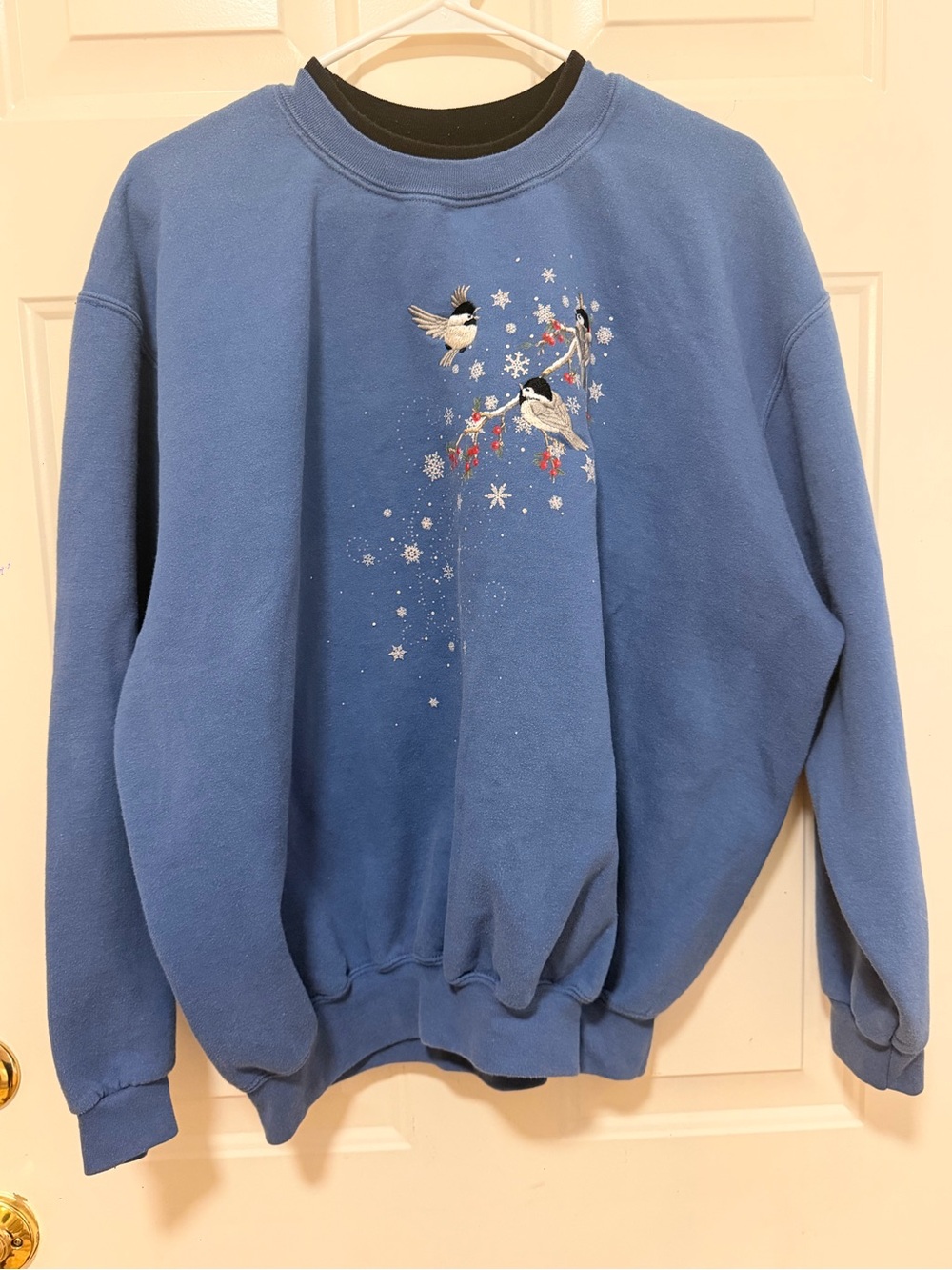Women's Blue Crewneck Sweater with Bird Embroidery
